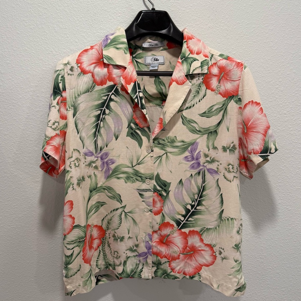 Pure Silk Floral Hawaiian Shirt | 100% Silk | Size Large